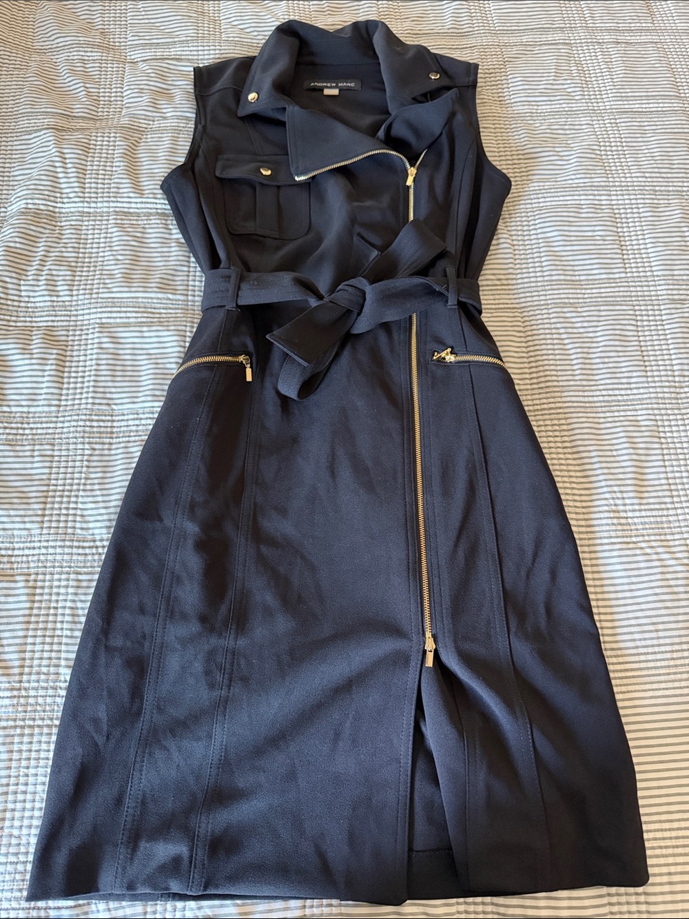 Andrew Marc Sleeveless Black Midi Dress with Gold Zippers